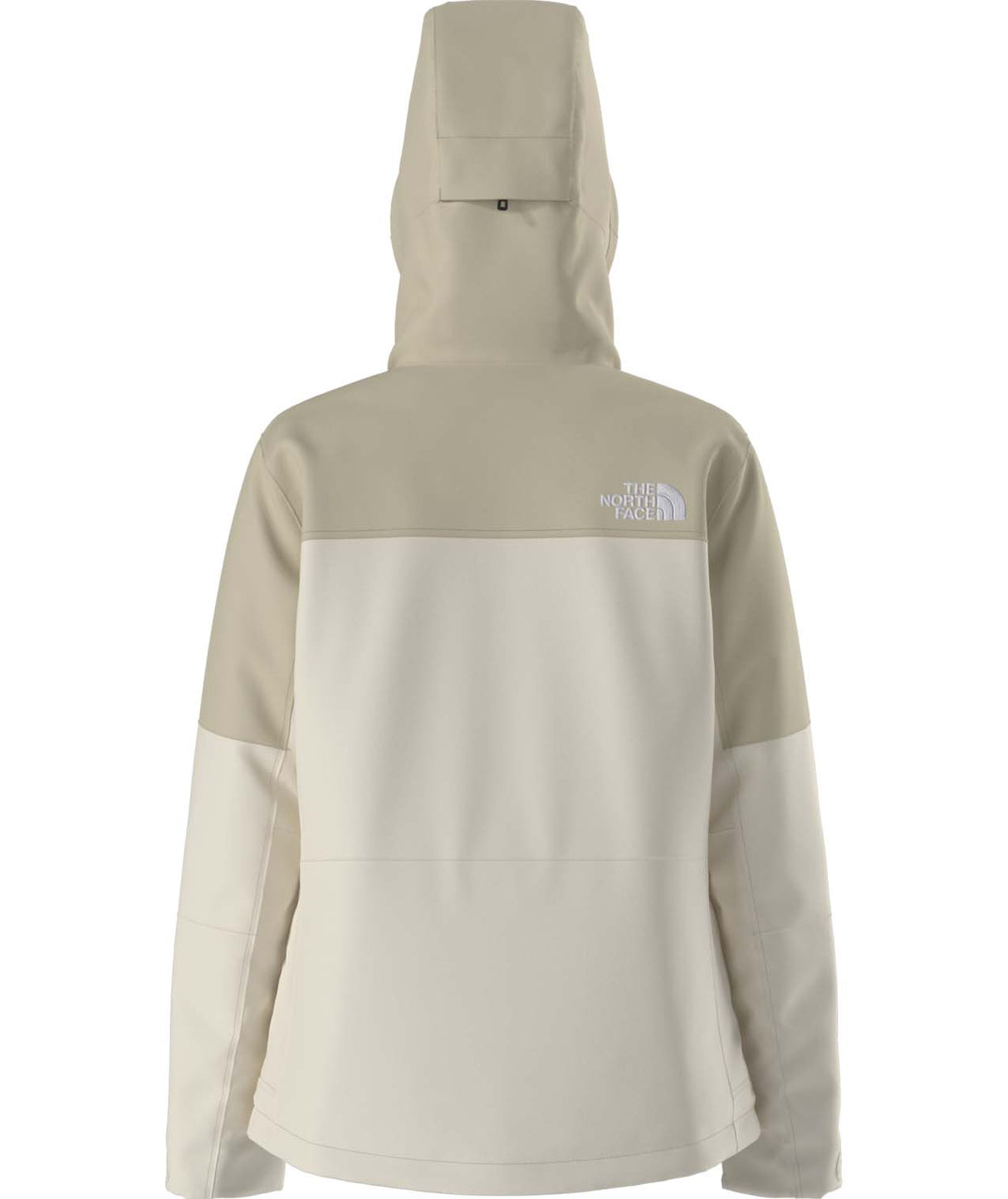 WFreedomInsulatedJacket-Beige and white jacket with a hood on a white background