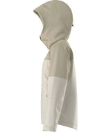 WFreedomInsulatedJacket-Beige and white jacket with a hood on a white background