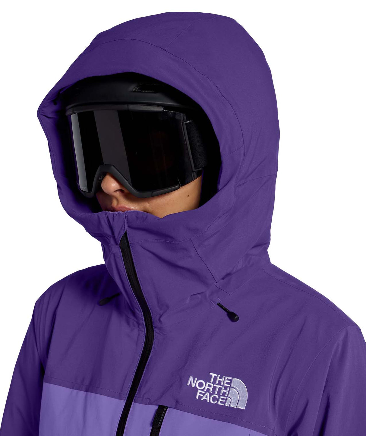 WFreedomInsulatedJacket-Person wearing a purple The North Face jacket with a hood and goggles on a white background