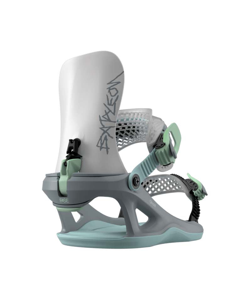 WGhostFase-White, light blue, and light green snowboard binding on a white background