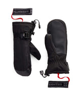 WGore-TexLinearMitt- A pair of black 686 winter mittens shown flat on a white background, displaying both the front and back views with attached red drawstring tags.
