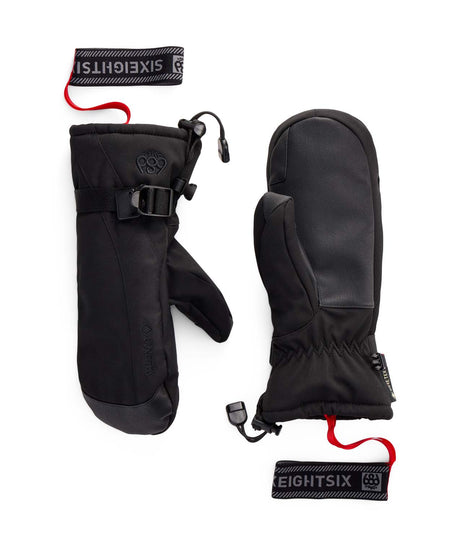 WGore-TexLinearMitt- A pair of black 686 winter mittens shown flat on a white background, displaying both the front and back views with attached red drawstring tags.