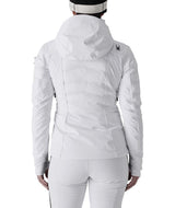 WGranadaJacket- Woman wearing a white jacket on a white background