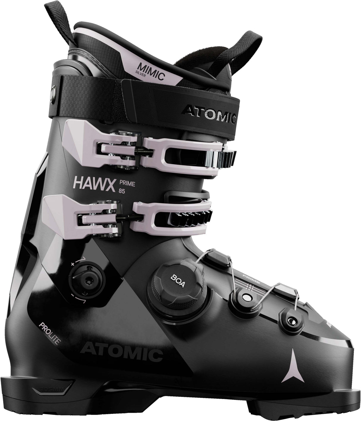WHawxPrime85BOA- Black Atomic Hawx ski boot on a white background