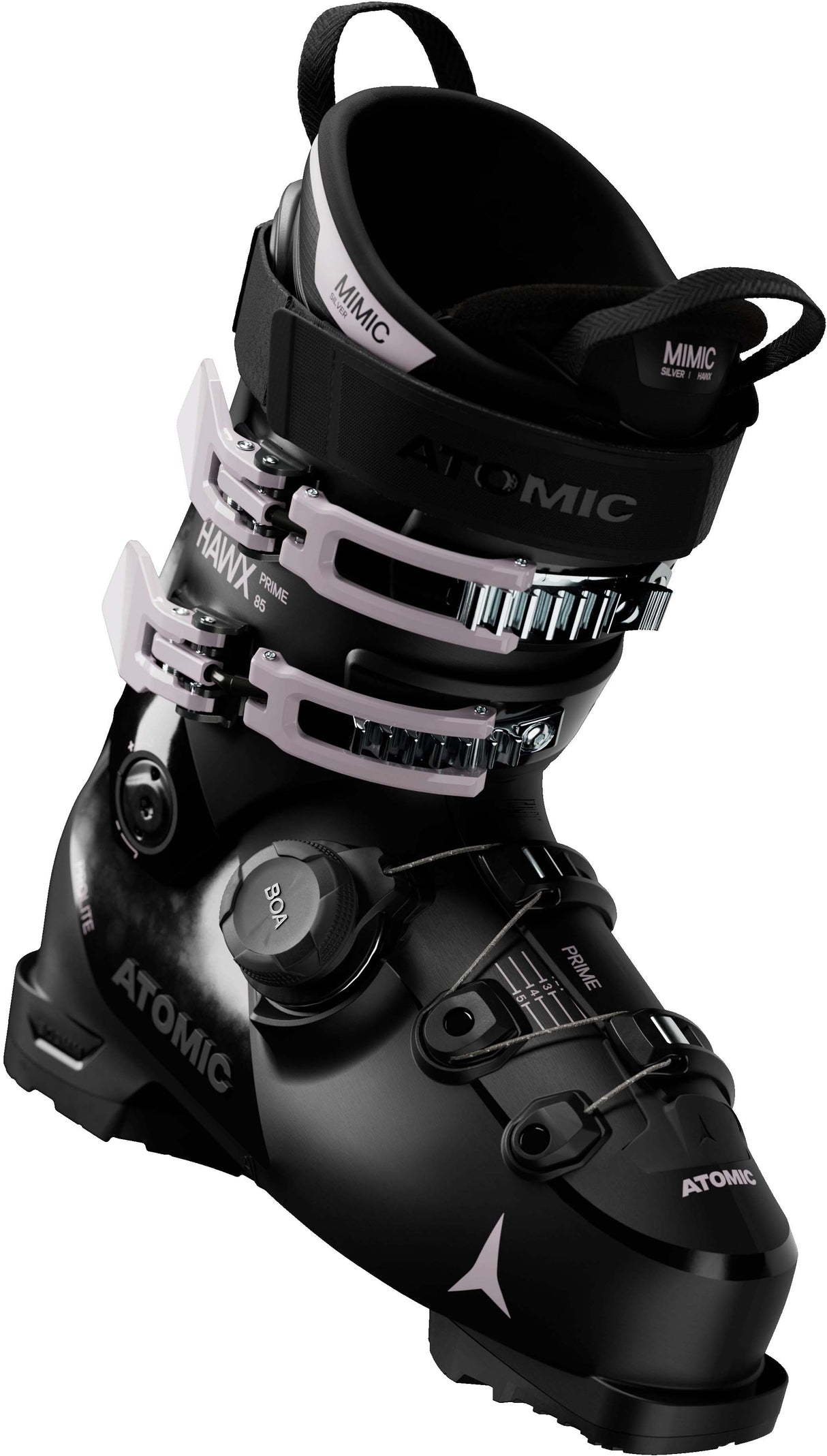 WHawxPrime85BOA- Black Atomic Hawx ski boot on a white background