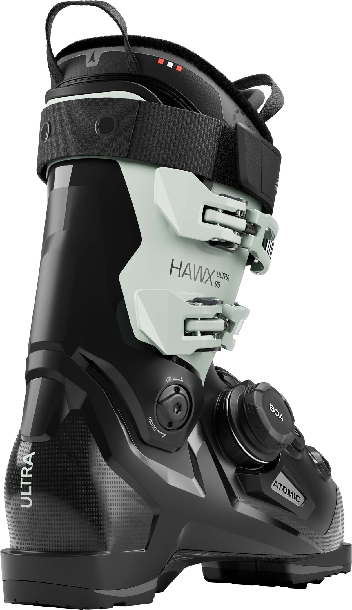 WHawxUltra95BOA- Black and teal Atomic Hawx ski boot on a white background