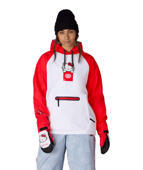 WHelloKittyWaterproofHoody- person wearing a red and white waterproof hoody with a hello kitty design in the center on a white background