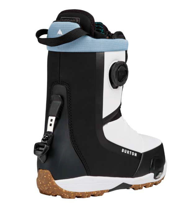 WHighshotPlusStepOnSnowboardBoots-Black and white snowboard boot with visible Burton branding on a white background