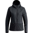 WHorizonJacket- A black hooded technical jacket with horizontal quilting, zippered front, and zippered handwarmer pocket, shown on a plain white background.