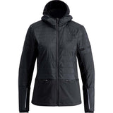 WHorizonJacket- A black hooded technical jacket with horizontal quilting, zippered front, and zippered handwarmer pocket, shown on a plain white background.
