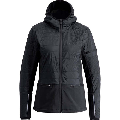 WHorizonJacket- A black hooded technical jacket with horizontal quilting, zippered front, and zippered handwarmer pocket, shown on a plain white background.