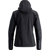 WHorizonJacket- A black hooded technical jacket with horizontal quilting, zippered front, and zippered handwarmer pocket, shown on a plain white background.