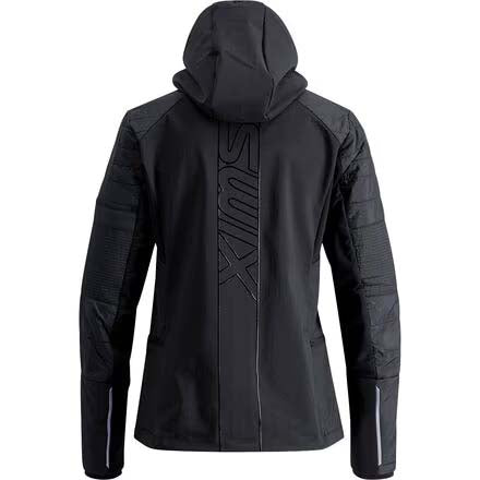 WHorizonJacket- A black hooded technical jacket with horizontal quilting, zippered front, and zippered handwarmer pocket, shown on a plain white background.