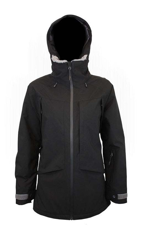 WHotCocoaJacket-Black winter jacket with a hood on a white background