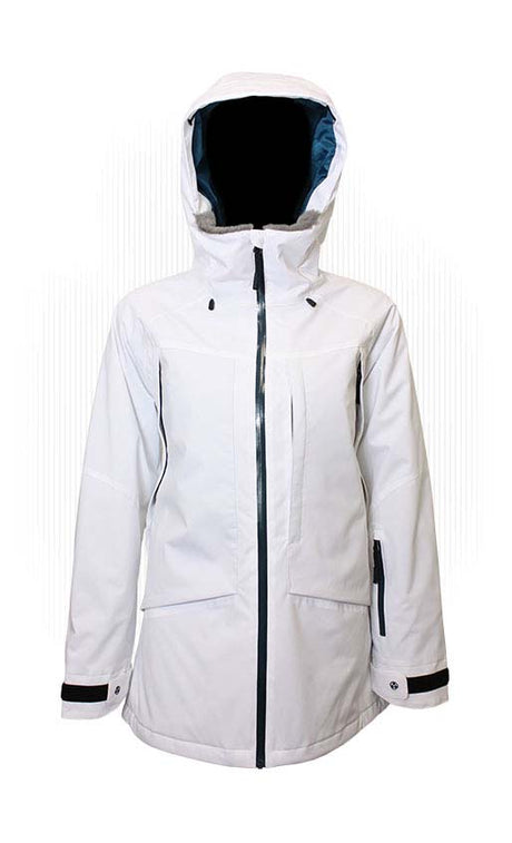 WHotCocoaJacket-White winter jacket with a hood on a white background