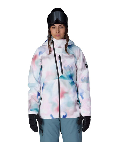 WHydraThermagraphJacket-Person wearing a colorful ski jacket and helmet on a white background