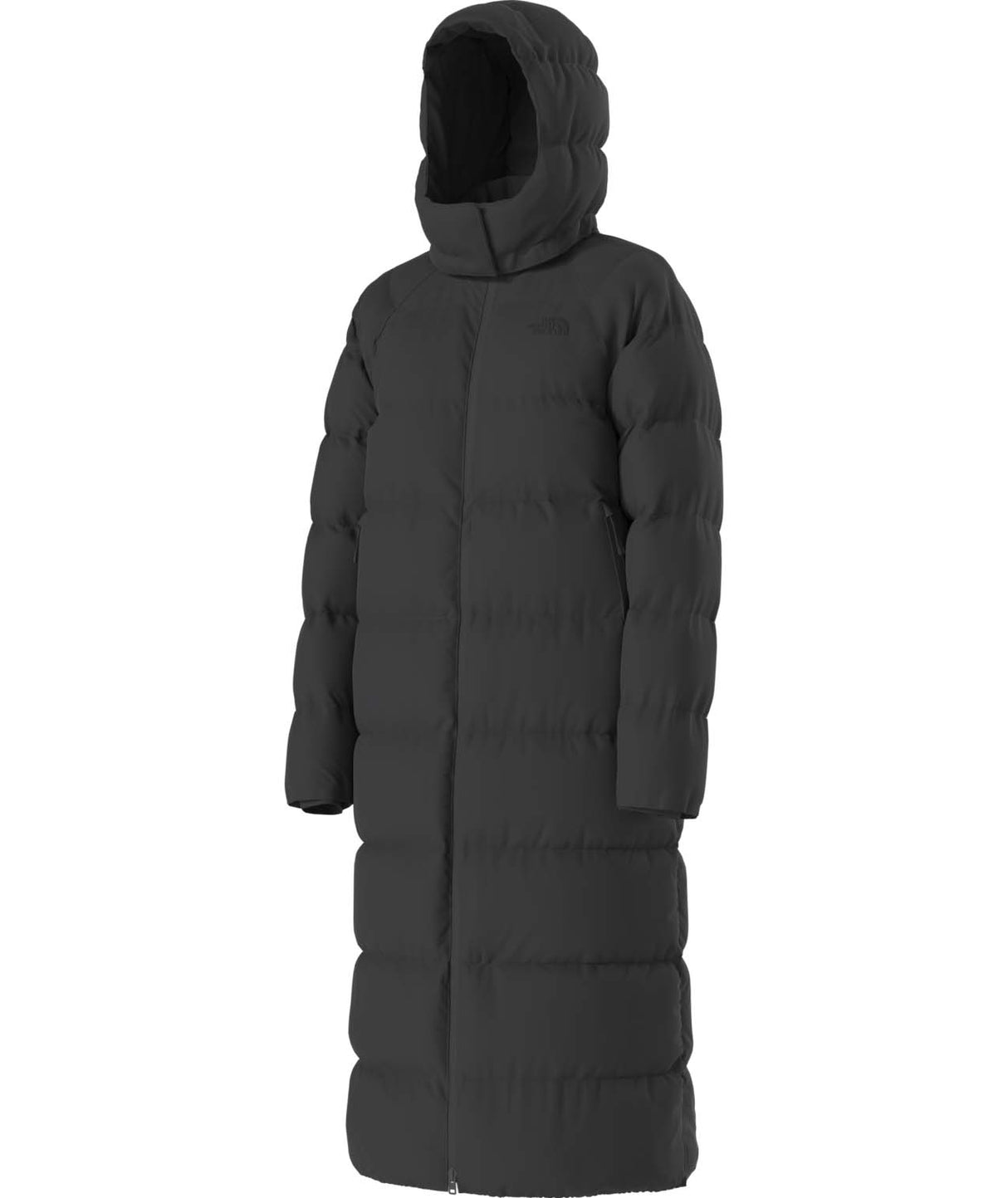 WHydrenaliteCityLongDownHoodedParka-Black puffer coat with a hood on a white background