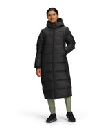 WHydrenaliteCityLongDownHoodedParka-Person wearing a long black puffer coat on a white background