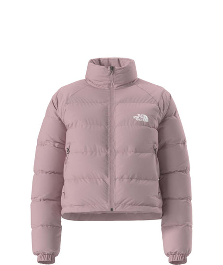WHydrenaliteDownJacket-Pink puffer jacket with The North Face logo on a white background