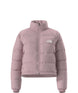 WHydrenaliteDownJacket-Pink puffer jacket with The North Face logo on a white background