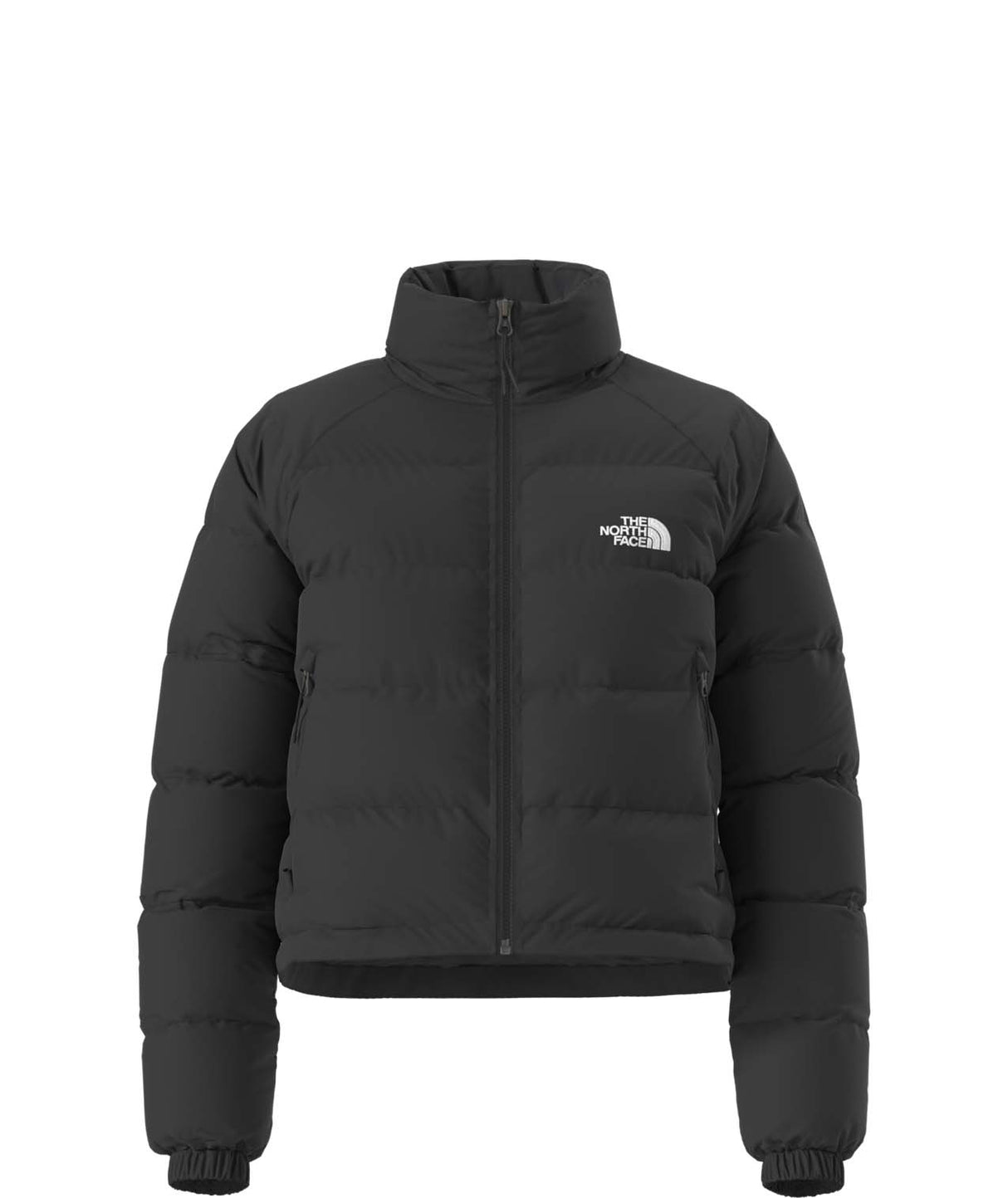 WHydrenaliteDownJacket-Black puffer jacket with a brand logo on a white background