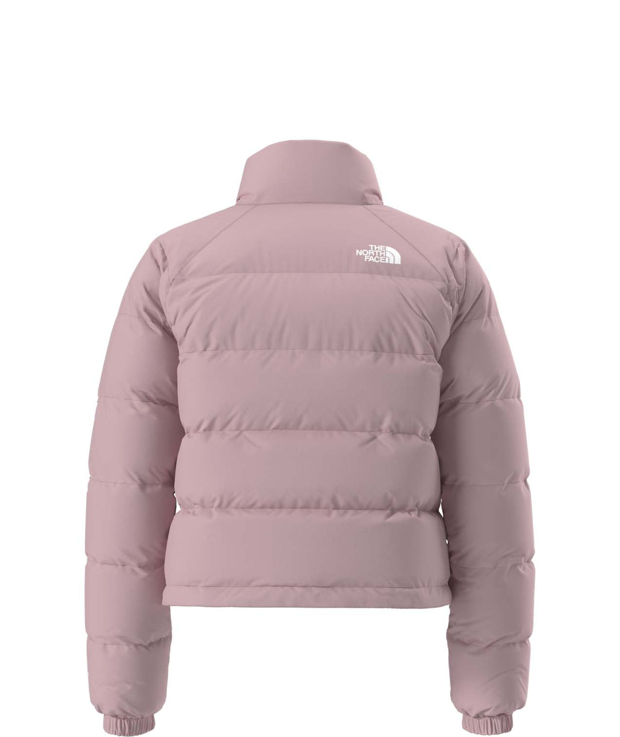 WHydrenaliteDownJacket-Pink puffer jacket with The North Face logo on a white background