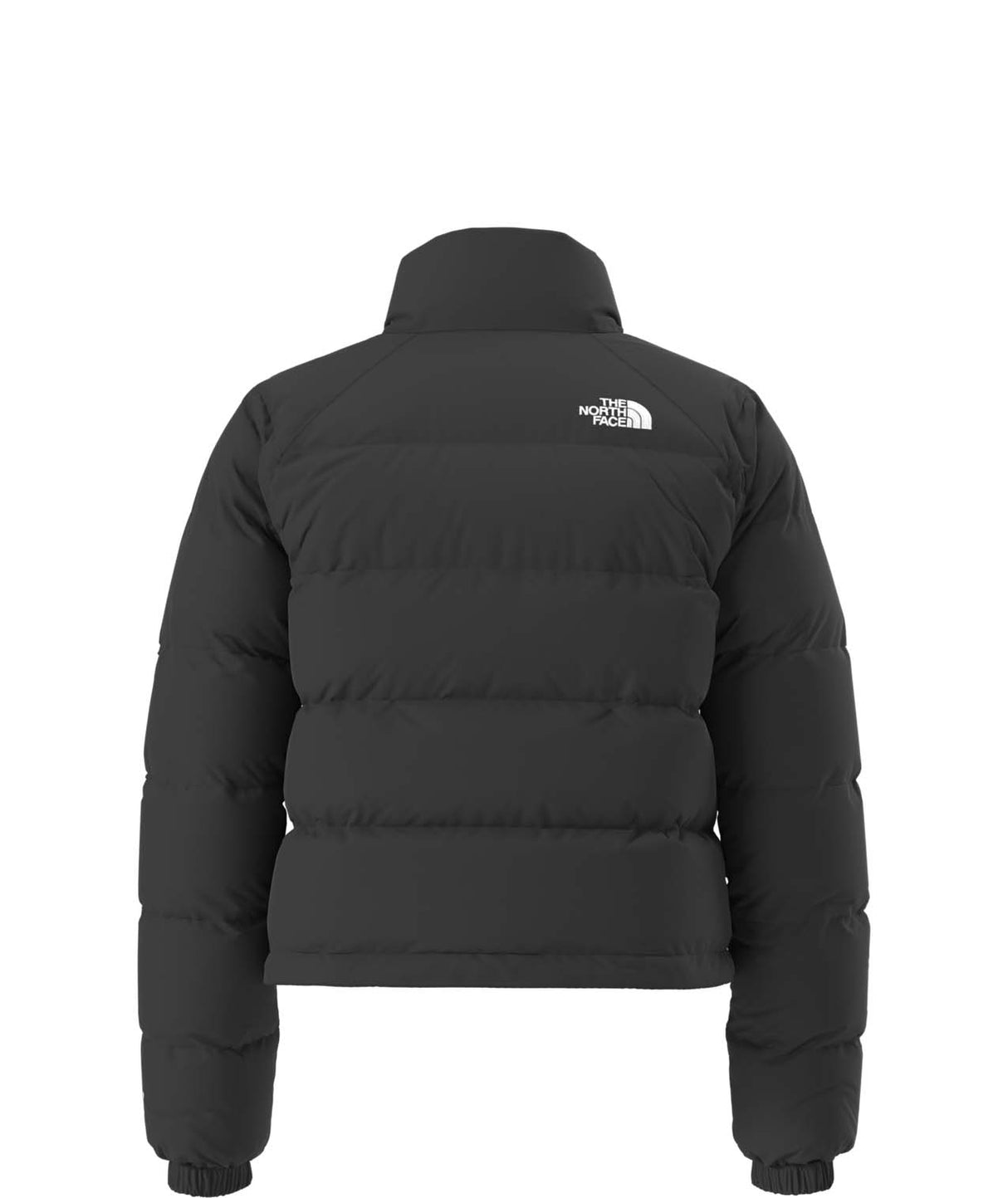 WHydrenaliteDownJacket-Black puffer jacket with The North Face logo on a white background