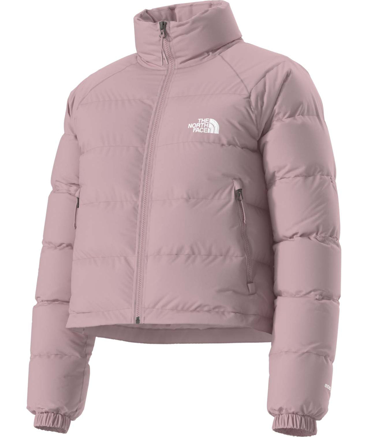 WHydrenaliteDownJacket-Pink puffer jacket with The North Face logo on a white background