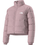 WHydrenaliteDownJacket-Pink puffer jacket with The North Face logo on a white background