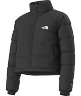 WHydrenaliteDownJacket-Black puffer jacket with The North Face logo on a white background