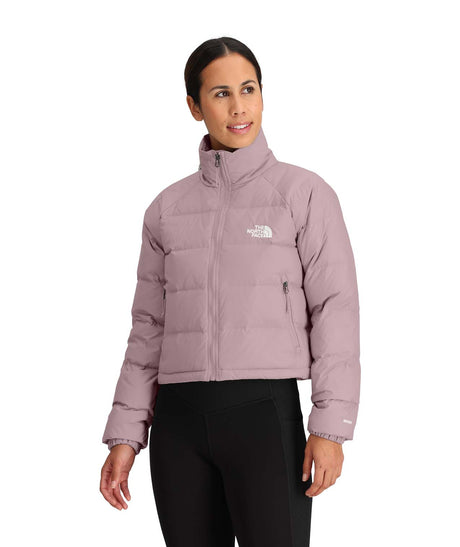 WHydrenaliteDownJacket-Woman wearing a purple jacket with a brand logo on a white background