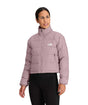 WHydrenaliteDownJacket-Woman wearing a purple jacket with a brand logo on a white background