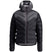 WInfinityDownJacket- A black hooded puffer jacket with a gray chevron pattern on the upper chest and shoulders, shown against a plain white background.