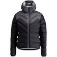 WInfinityDownJacket- A black hooded puffer jacket with a gray chevron pattern on the upper chest and shoulders, shown against a plain white background.