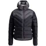 WInfinityDownJacket- A black hooded puffer jacket with a gray chevron pattern on the upper chest and shoulders, shown against a plain white background.