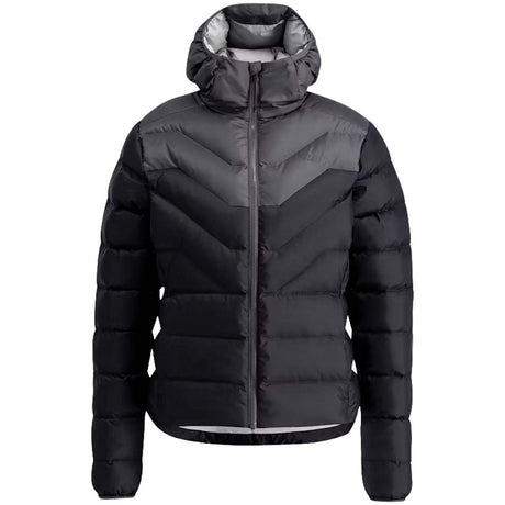 WInfinityDownJacket- A black hooded puffer jacket with a gray chevron pattern on the upper chest and shoulders, shown against a plain white background.