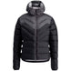 WInfinityDownJacket- A black hooded puffer jacket with a gray chevron pattern on the upper chest and shoulders, shown against a plain white background.