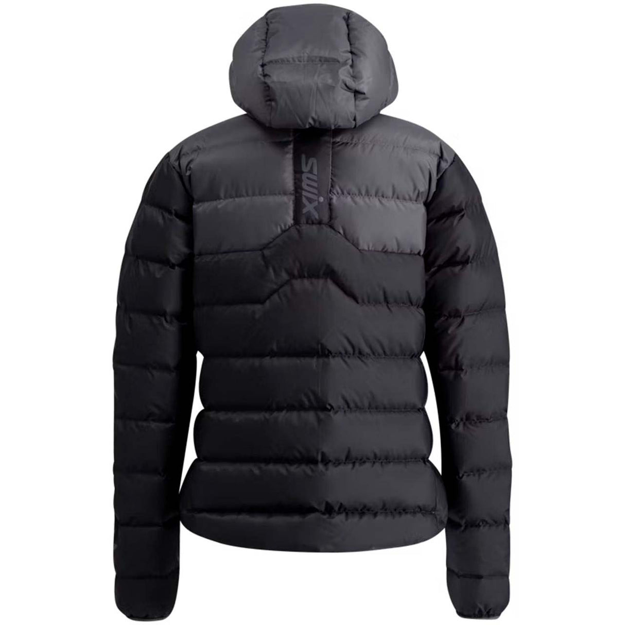 WInfinityDownJacket- A black hooded puffer jacket with a gray chevron pattern on the upper chest and shoulders, shown against a plain white background.