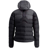 WInfinityDownJacket- A black hooded puffer jacket with a gray chevron pattern on the upper chest and shoulders, shown against a plain white background.