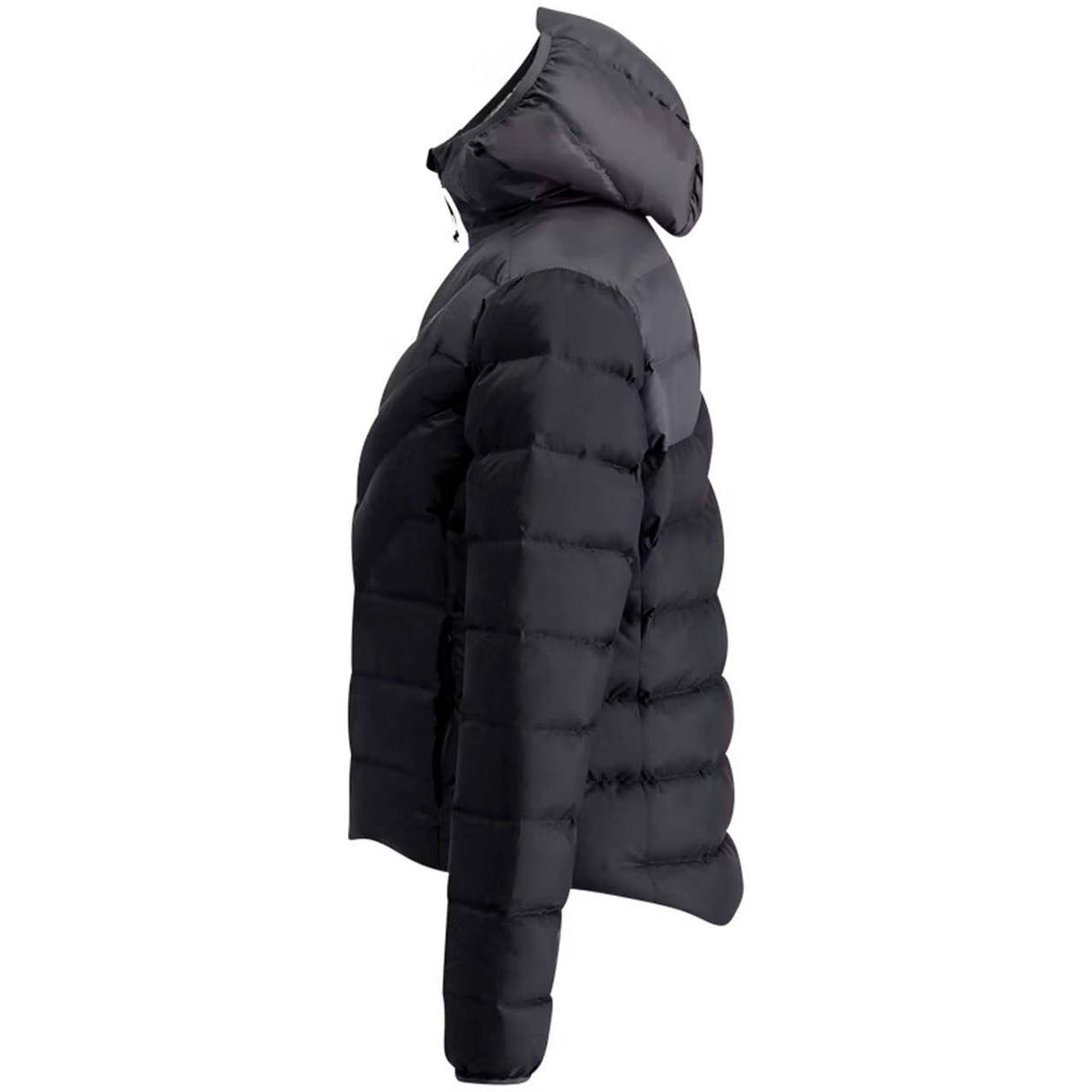 WInfinityDownJacket- A black hooded puffer jacket with a gray chevron pattern on the upper chest and shoulders, shown against a plain white background.