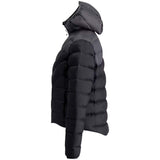 WInfinityDownJacket- A black hooded puffer jacket with a gray chevron pattern on the upper chest and shoulders, shown against a plain white background.