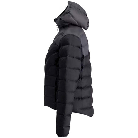 WInfinityDownJacket- A black hooded puffer jacket with a gray chevron pattern on the upper chest and shoulders, shown against a plain white background.