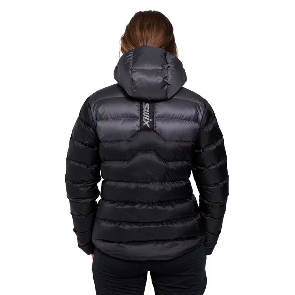 WInfinityDownJacket- A black hooded puffer jacket with a gray chevron pattern on the upper chest and shoulders, shown against a plain white background.