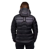 WInfinityDownJacket- A black hooded puffer jacket with a gray chevron pattern on the upper chest and shoulders, shown against a plain white background.