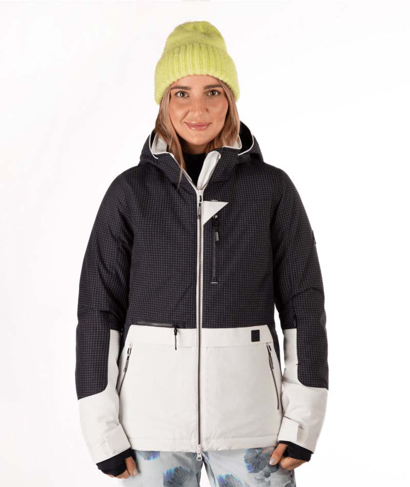 WIvieJacket-Person wearing a black and white jacket with a yellow beanie on a white background