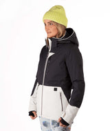 WIvieJacket-Person wearing a black and white jacket with a yellow beanie on a white background