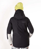 WIvieJacket-Person wearing a black and white jacket with a yellow beanie on a white background