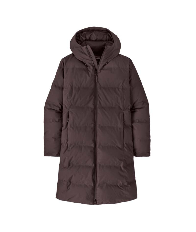 WJacksonGlacierParka-A dark brown hooded puffer coat with horizontal quilting, shown against a plain white background.
