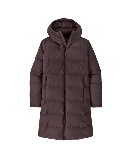 WJacksonGlacierParka-A dark brown hooded puffer coat with horizontal quilting, shown against a plain white background.