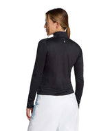 WJaida1_4Zip- Womans wearing a black long-sleeve quarter zip shirt on a white background